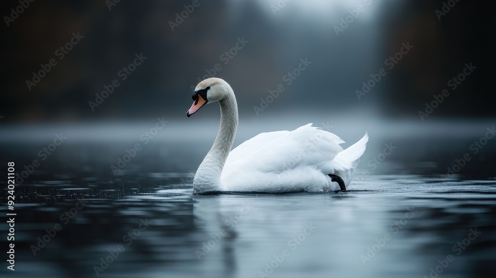 A swan floats calmly on beautiful serene water, surrounded by early morning mist and reflections of trees, depicting tranquility, solitude, and natural beauty. A swan floats calmly on beautiful serene water, surrounded by early morning mist and reflections of trees, depicting tranquility, solitude, and natural beauty.