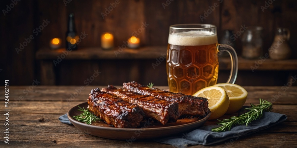 Grilled ribs and beer on a wooden table for a rustic meal. Grilled ribs and beer on a wooden table for a rustic meal.