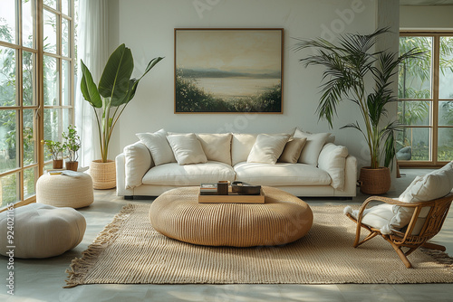 A modern minimalist living room with clean lines and neutral colors, reflecting simplicity and elegance.