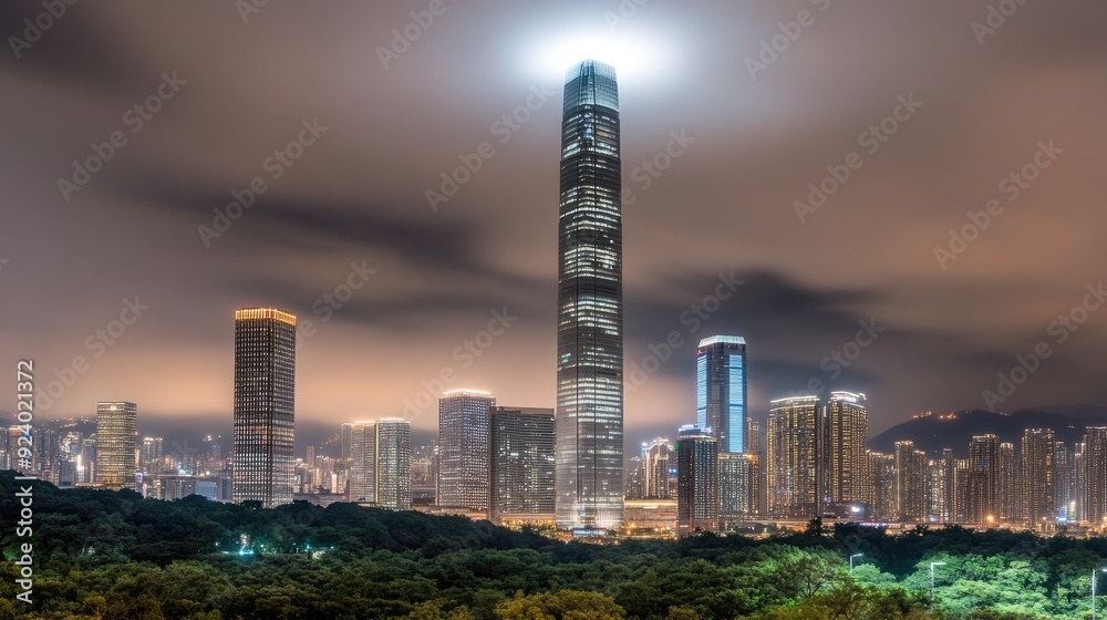 Naklejka premium The warm glow of Chongqing Town Hall and an ancient clock tower illuminates the night as pedestrians stroll nearby under a dramatic sky