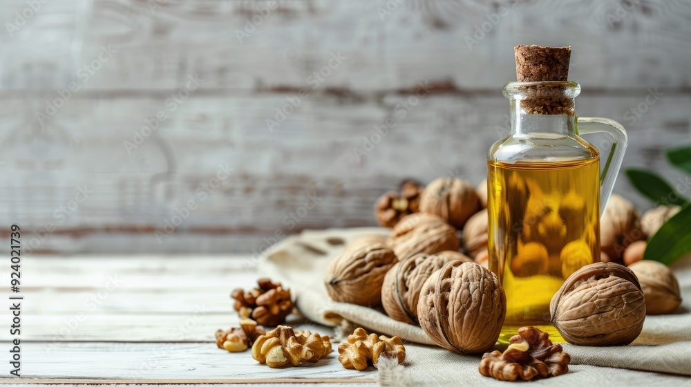 Still life composition with walnut oil nuts and copy space on white wooden table
