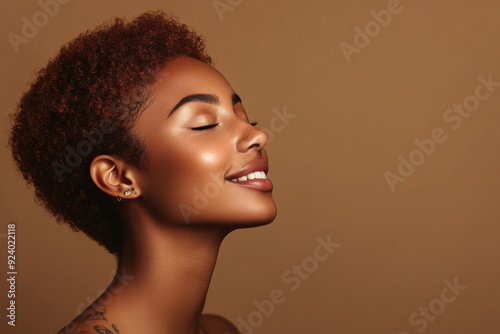 A close up of a woman's face with tattoos and her eyes closed