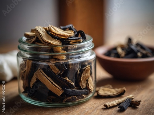 Dried licorice root slices in a glass jar, Chinese herb, used in teas and medicine. photo