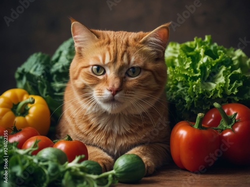 Funny cat, fresh vegetables, salad dish and measuring tape.