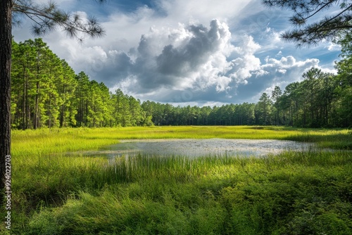 expanse of meadow and wetland, with some trees in the background. In the center is an open pond covered with water lilies