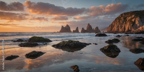 Serene sunrise at Asturias rugged coastline with reflective rocks.