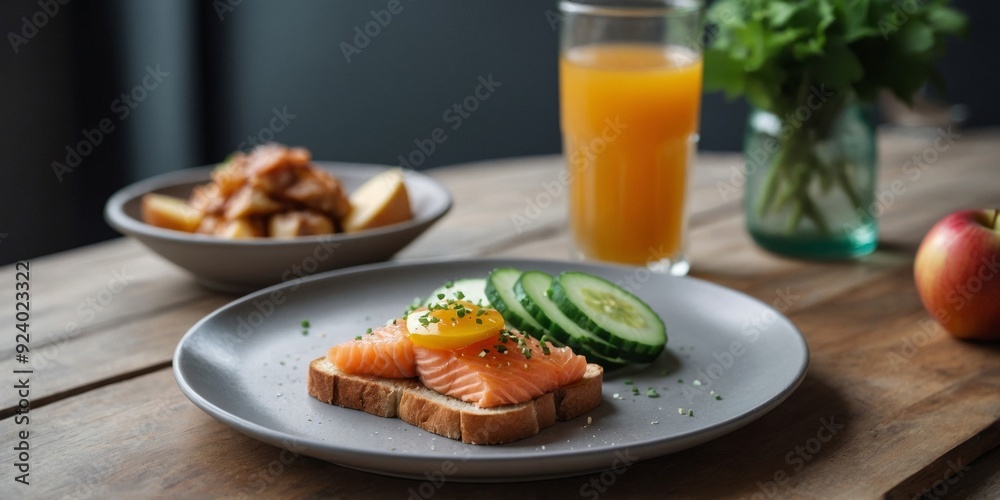Healthy brunch with salmon on toast and fresh cucumber and apple juice. Healthy brunch with salmon on toast and fresh cucumber and apple juice.