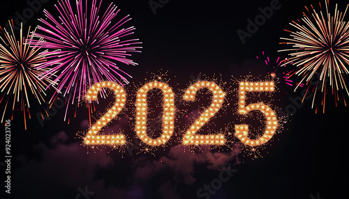 Text 2025 on dark background with fireworks