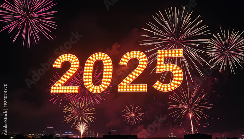 Text 2025 on dark background with fireworks
