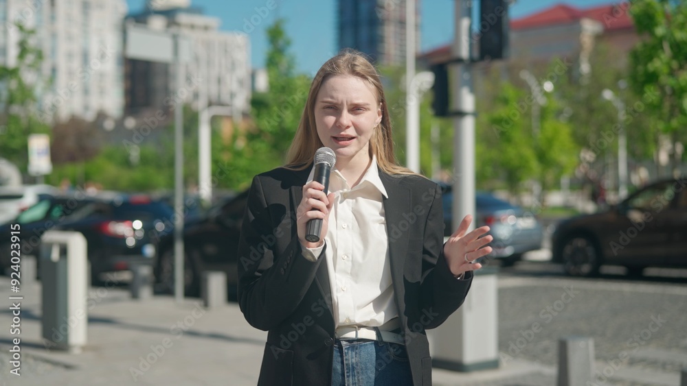A reporter broadcasts live outdoors in a park A reporter broadcasts live outdoors in a park