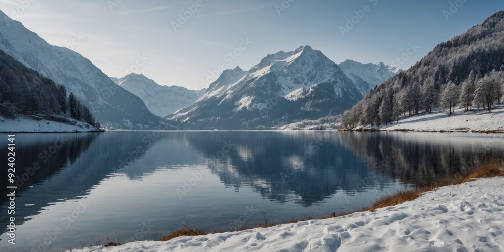 Snow-covered landscape by a lake in Switzerland. Snow-covered landscape by a lake in Switzerland.