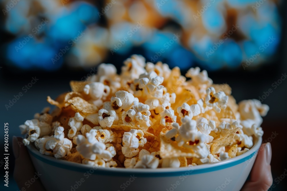 Happy couple sharing chips by big screen tv, bonding over snacks and entertainment Happy couple sharing chips by big screen tv, bonding over snacks and entertainment