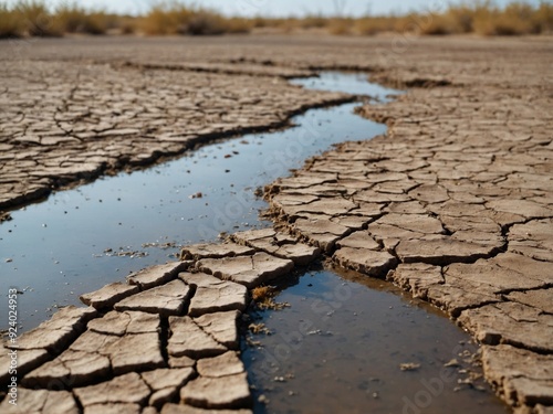 Dried Lake Bed with Fish Stranded on Cracked Earth. photo