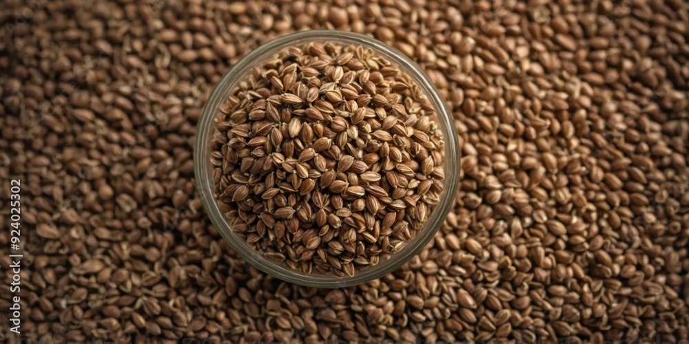Obraz premium Top view of Close-up of a pile of brown hemp seeds.