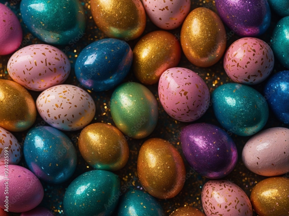 Smiling face made of Easter eggs and glitter on shiny background Easter minimal concept Flat lay. Smiling face made of Easter eggs and glitter on shiny background Easter minimal concept Flat lay.
