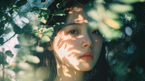 女, 女性, 女の子, 木, 森, 木陰, 木漏れ日, モデル, Woman, female, girl, tree, forest, shade, sunlight through trees, model