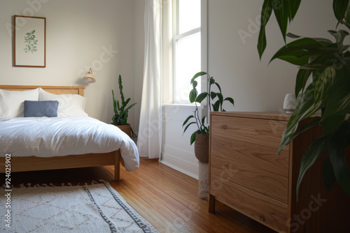 Interior design Scandinavian minimalistic bedroom with bed, wooden furniture and green potted plants