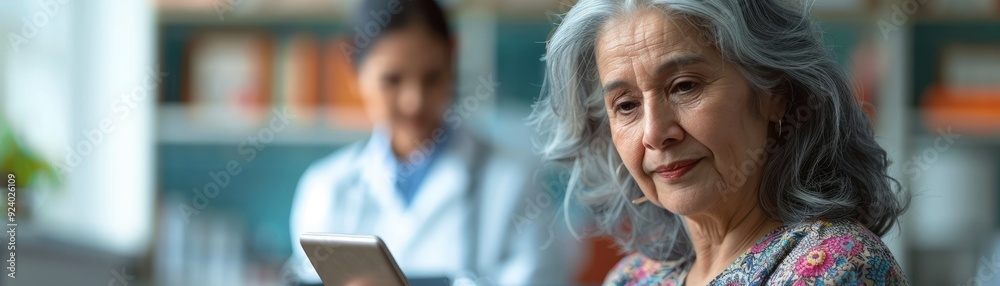 An elderly woman uses a smartphone while a healthcare professional attends to her, showcasing modern technology in healthcare. An elderly woman uses a smartphone while a healthcare professional attends to her, showcasing modern technology in healthcare.