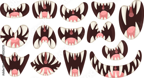 Cartoon monster toothy mouths collection. Vector illustration isolated on white background. For Halloween and other design.