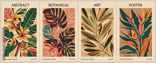 Set of retro-inspired abstract botanical posters with tropical leaves and exotic plumeria flowers in a vibrant mid-century modern color palette. Contemporary wall art, cover wallpaper vector template.