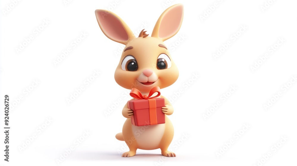 Cute Cartoon Bunny Holding a Gift with Red Ribbon on White Background