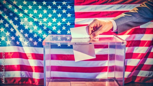 A hand casts a ballot into a transparent ballot box, symbolizing participation, democracy, voting rights, civic duty, and the power of one vote. photo