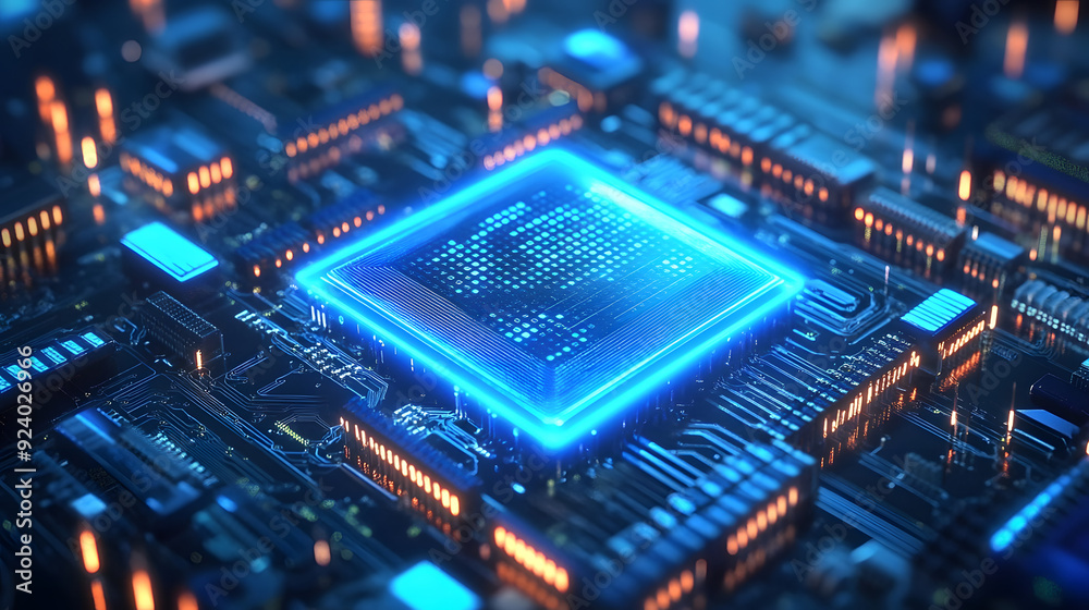 futuristic ai chip merging with stock market data glowing blue wireframe design futuristic ai chip merging with stock market data glowing blue wireframe design