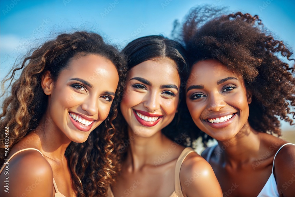 Fototapeta premium Three women with curly hair smiling together outdoors in sunlight against a clear blue sky. Generative AI
