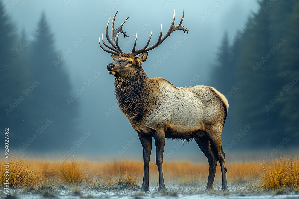 Fototapeta premium solitary elk standing majestically in a misty mountain