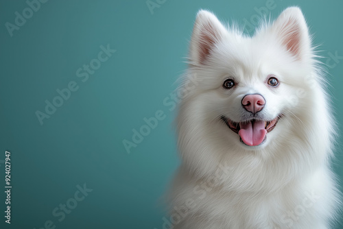 Fluffy white Samoyed dog with a happy expression, sitting and smiling with tongue out, against a teal background.