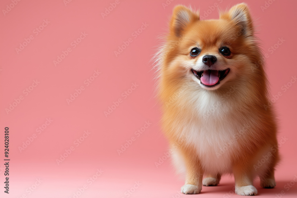 Cute Pomeranian dog with fluffy fur and a happy expression, sitting against a pink background.
Cute Pomeranian dog with fluffy fur and a happy expression, sitting against a pink background.