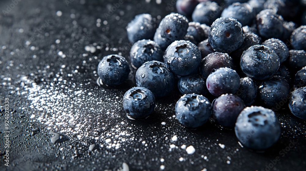 A pile of fresh blueberries, some scattered across a dark charcoal concrete surface, with a few droplets of water for added freshness and a light dusting of powdered sugar A pile of fresh blueberries, some scattered across a dark charcoal concrete surface, with a few droplets of water for added freshness and a light dusting of powdered sugar