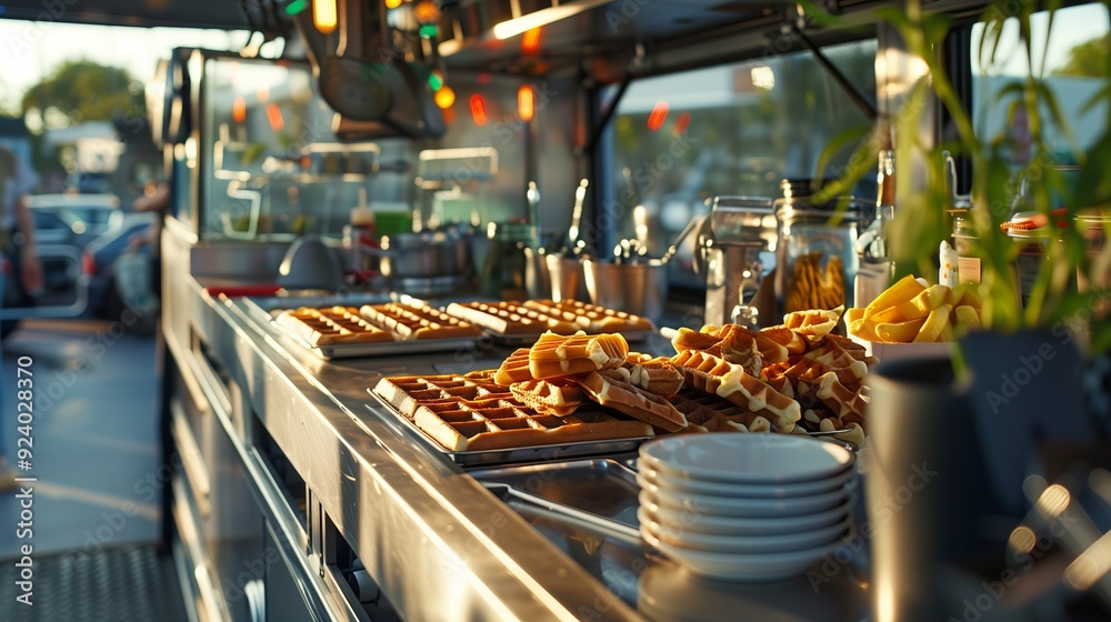 Close-up of Belgian waffles on a metal table of a food truck during the daytime. Various crockery, cutlery and bottles are also visible. Cars are visible in the background. Close-up of Belgian waffles on a metal table of a food truck during the daytime. Various crockery, cutlery and bottles are also visible. Cars are visible in the background.