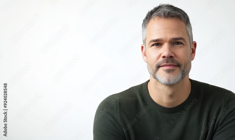 middle aged man with grey hair and short beard wearing dark green sweater