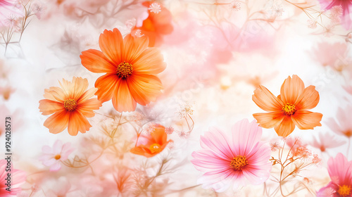Vibrant orange and pink flowers against a soft white background form a seamless pattern. The floral arrangement has a warm, cheerful, and lively atmosphere.