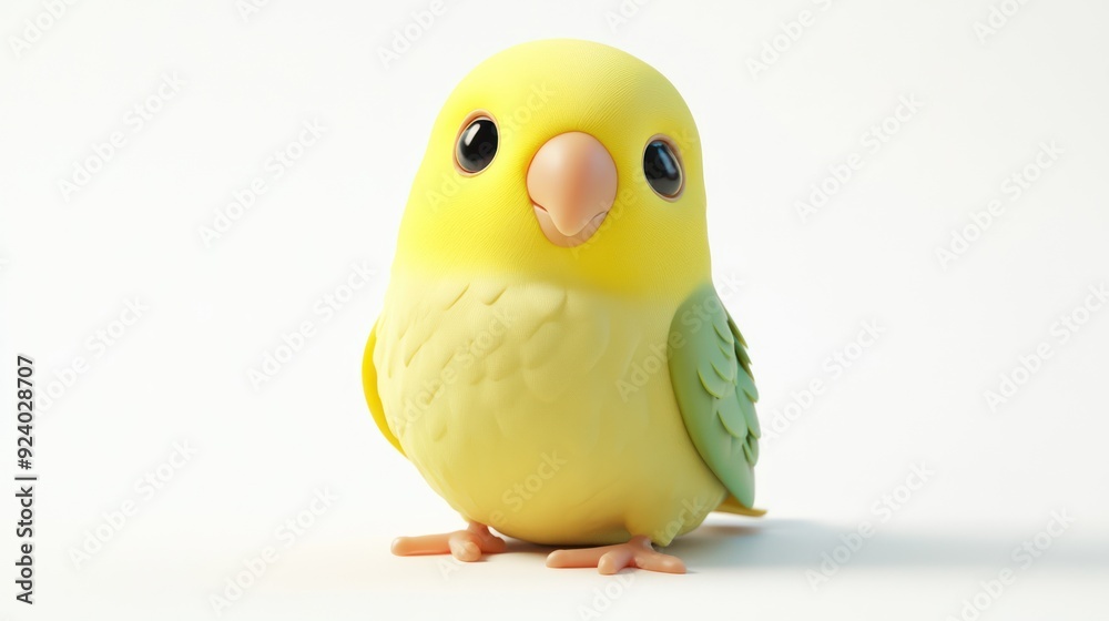 Cute Yellow Bird with Green Wings Sitting in a Studio against White Background Cute Yellow Bird with Green Wings Sitting in a Studio against White Background
