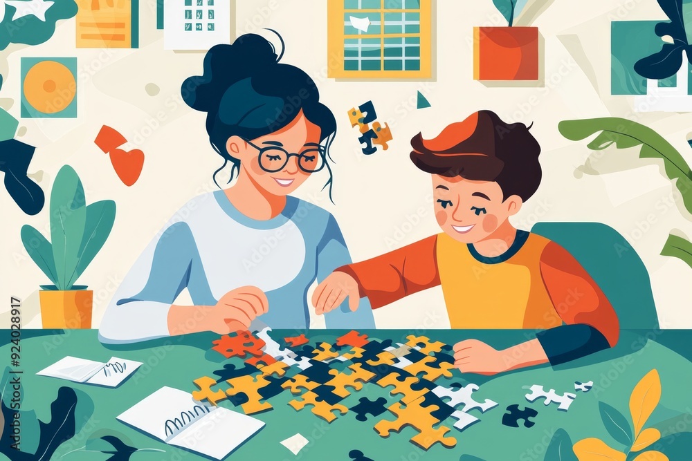 A compassionate teacher assists a student in solving a puzzle, exuding patience and encouragement. The illustration conveys a sense of supportive learning. A compassionate teacher assists a student in solving a puzzle, exuding patience and encouragement. The illustration conveys a sense of supportive learning.
