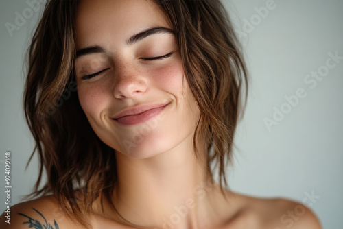 A close up of a woman's face with tattoos and her eyes closed