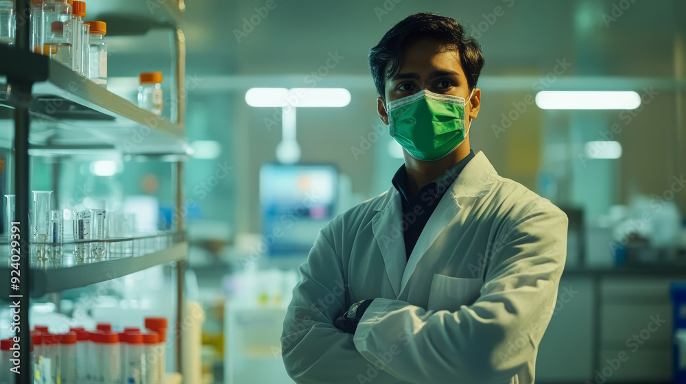 A young Indian laboratory assistant wearing a mask stands in a laboratory A young Indian laboratory assistant wearing a mask stands in a laboratory