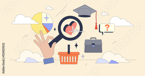 Target audience and client habits research tiny person neubrutalism concept. Customer group selection using demographics, education, job and health factors vector illustration. Focused social niche.