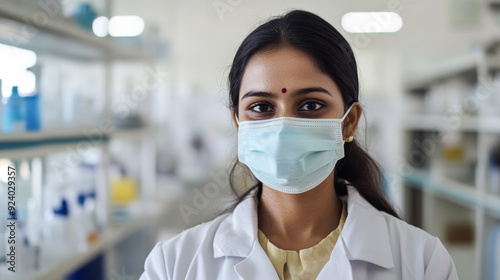 A young Indian laboratory assistant wearing a mask stands in a laboratory