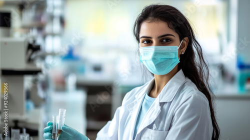 A young Indian laboratory assistant wearing a mask with a test tube in his hand in a laboratory