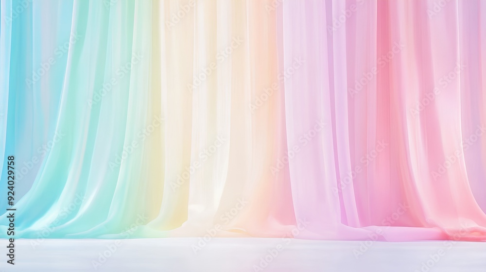 Obraz premium a series of sheer, flowing fabric panels hanging vertically. The fabric is arranged in a gradient of pastel colors, transitioning smoothly from light blue on the left, through shades of green