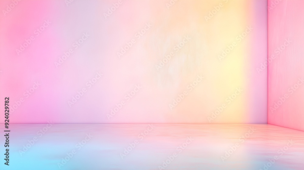 a minimalist room with a smooth, reflective floor and walls that are softly illuminated with a gradient of pastel colors. The colors transition from pink on the left to yellow on the right a minimalist room with a smooth, reflective floor and walls that are softly illuminated with a gradient of pastel colors. The colors transition from pink on the left to yellow on the right