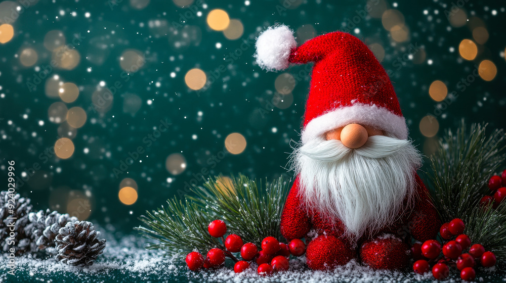 Nordic Christmas Gnome with Winter Berry and Pine Decor Background, Festive Holiday Season Greeting Card Design, Cozy and Whimsical New Year Image with Snowflakes and Bokeh Lights on Dark Green Nordic Christmas Gnome with Winter Berry and Pine Decor Background, Festive Holiday Season Greeting Card Design, Cozy and Whimsical New Year Image with Snowflakes and Bokeh Lights on Dark Green
