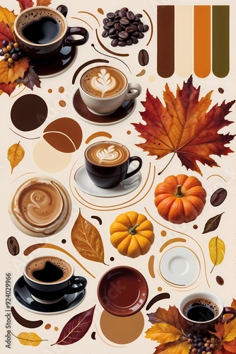 Craft coffee art with autumn leaves and pumpkins displayed on a warm background