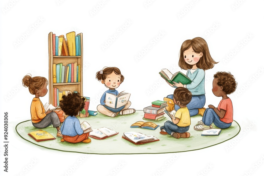 Children gather around their teacher in a warm and inviting reading nook, surrounded by books and educational materials. The atmosphere is filled with excitement and curiosity. Children gather around their teacher in a warm and inviting reading nook, surrounded by books and educational materials. The atmosphere is filled with excitement and curiosity.