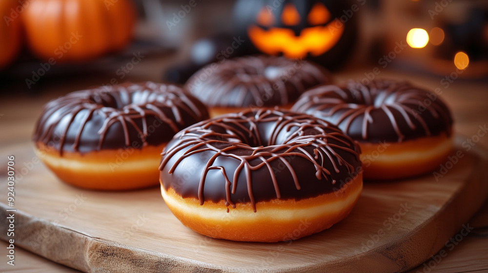 Chocolate glazed donuts with decorative icing on a wooden board near Halloween decorations Chocolate glazed donuts with decorative icing on a wooden board near Halloween decorations