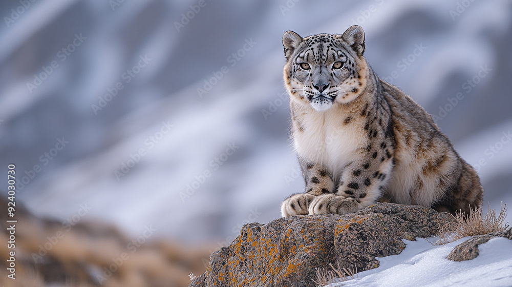 Fototapeta premium A solitary snow leopard perched on a rocky outcrop