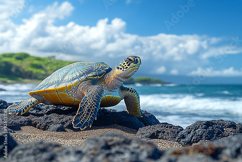 A solitary turtle sunbathing on a rocky shore 